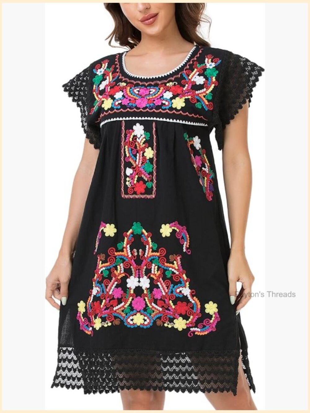 Women Mexican Embroidered Cotton Short Sleeve Maxi Dress